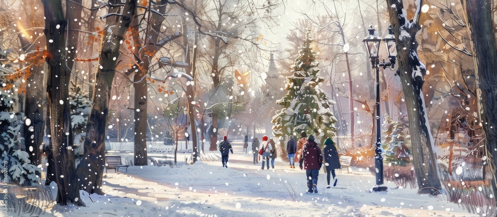 Aufkleber People strolling among the trees in the park during the holidays. with copy space image. Place for adding text or design