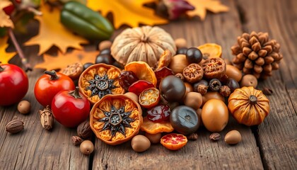 Autumnal Dried Fruits and Gourds Rustic Harvest Still Life