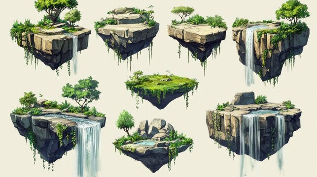 Hovering game level platforms, magical floating terrain, lush vegetation details, mystical rock formations, cascading waterfalls, fantasy landscape collection, glowing crystal elements, layered earth