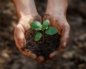 Hand holding a young tree with soil, symbolizing the nurturing of the environment and the beauty of natural growth