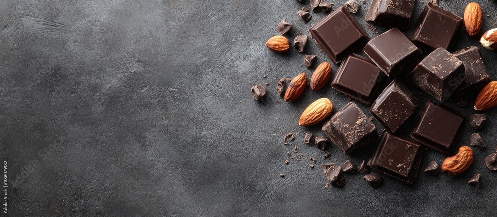Poster Chocolate cubes hazelnuts and almonds on a grey textured background seen from above with copy space