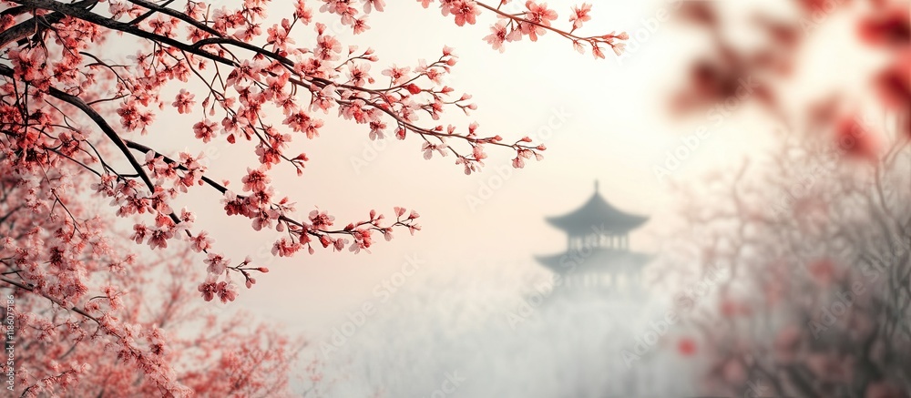 Poster plum blossoms in spring and observatory. with copy space image. place for adding text or design