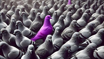 Obraz premium A purple pigeon alone among a crowd of grey pigeons, concept of standing out from the crowd as a leader, of being different and unique with its own identity and special skills among the others