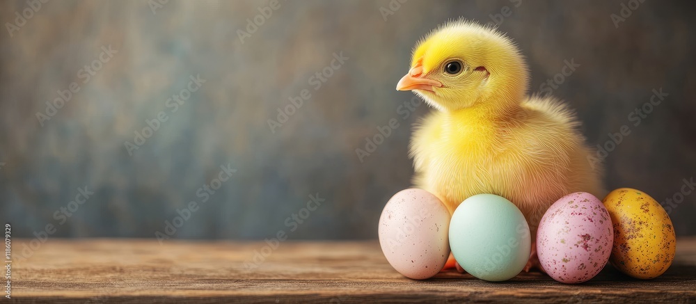 Poster yellow chicken and easter eggs on a wooden table. with copy space image. place for adding text or de