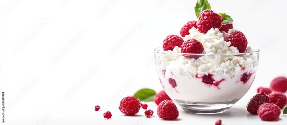 Poster a light and tasty dessert featuring fresh raspberries and cottage cheese in a glass cup against a wh