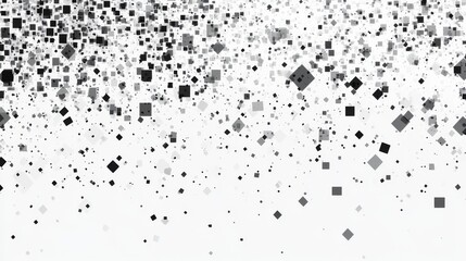 Abstract pixel decomposition, descending geometric elements, monochromatic gradient scatter, floating digital fragments, minimalist mosaic breakdown, dynamic square particles, grayscale cascade