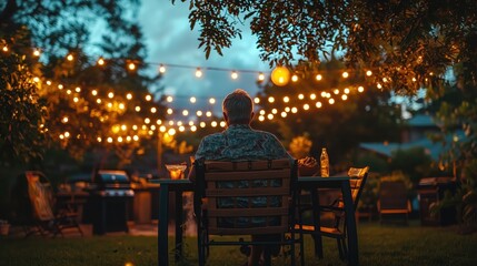 Enjoying a retirement celebration with grilled food and laughter under string lights in a backyard setting