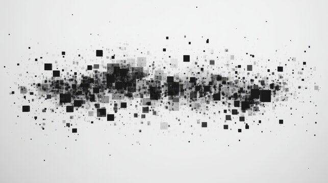Disintegrating digital blocks, falling geometric particles, monochrome mosaic decay, abstract pixel cascade, gradient dissolve effect, floating square elements, minimal tech pattern, grayscale data
