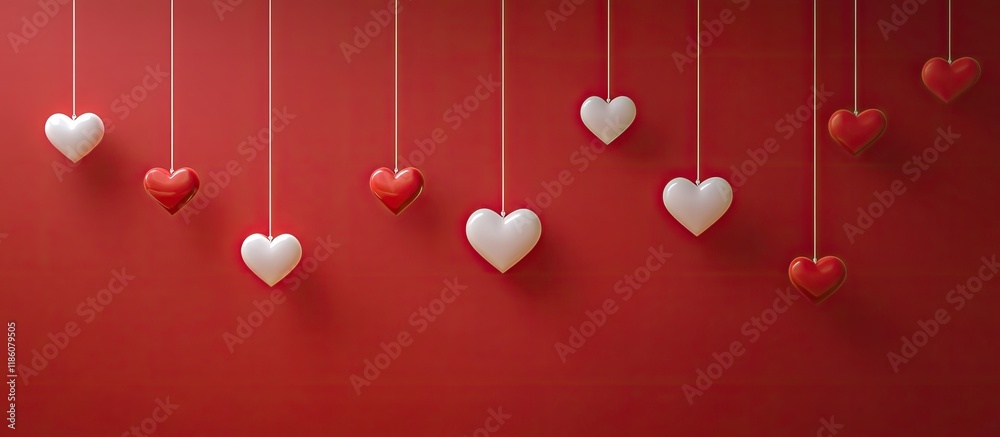 Poster poster featuring hearts suspended on a red wall. with copy space image. place for adding text or des