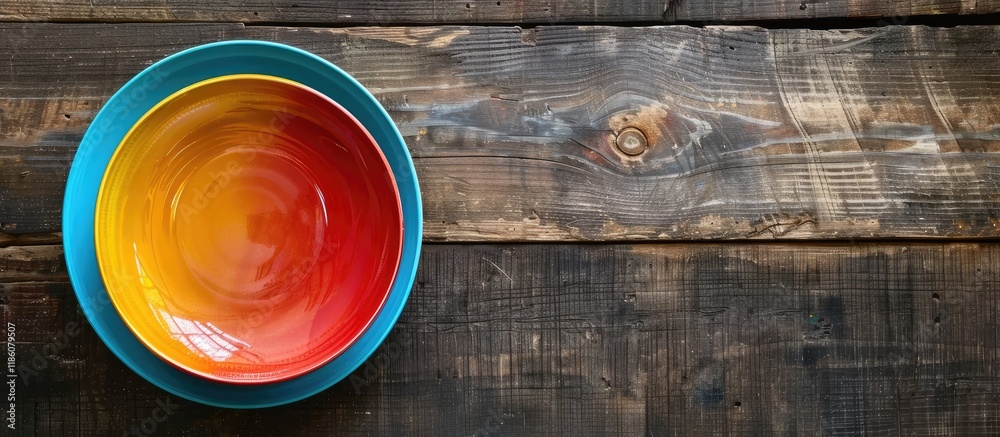 Fototapete top view of a vacant colorful plate on a wooden surface blank space for your design. with copy space