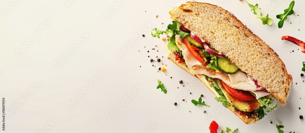 Fototapete photo of a sandwich with mixed ingredient slices and white space for text. with copy space image. pl