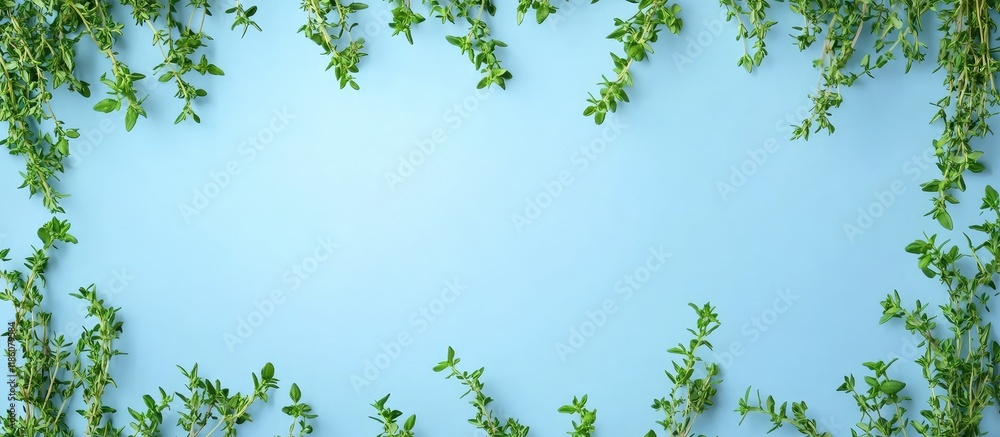 Fototapete Thyme natural herbs arranged in a frame on a blue background with room for text. with copy space image. Place for adding text or design
