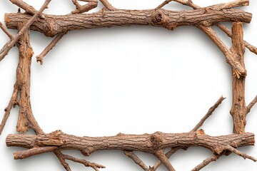 A photostock of realistic wooden frames made with raw bark and twigs, isolated on a clean white background, rustic and natural, High Quality