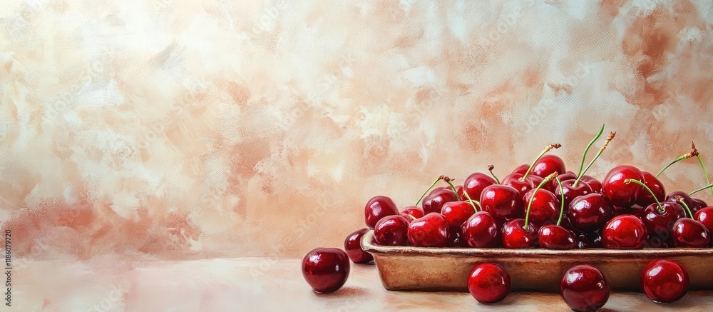 Fototapete tray filled with ripe cherries on a textured colored background. with copy space image. place for ad