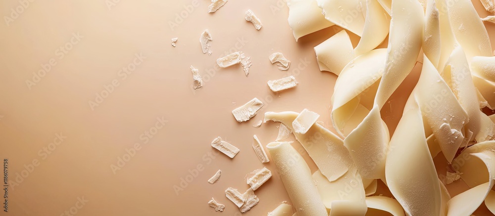 Leinwandbilder White chocolate curls and text area on a colored background top view. with copy space image. Place for adding text or design