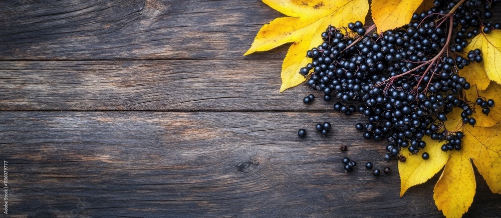 Aufkleber clusters of black elderberry fruits sambucus nigra alongside yellow leaves on a wooden surface top v