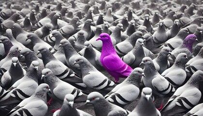 Obraz premium A purple pigeon alone among a crowd of grey pigeons, concept of standing out from the crowd as a leader, of being different and unique with its own identity and special skills among the others