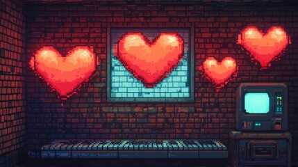 8-bit health system display, pixel heart collection, arcade style life counter, classic gaming interface, bright red pixel icons, retro game UI elements, chunky digital hearts, vintage gaming
