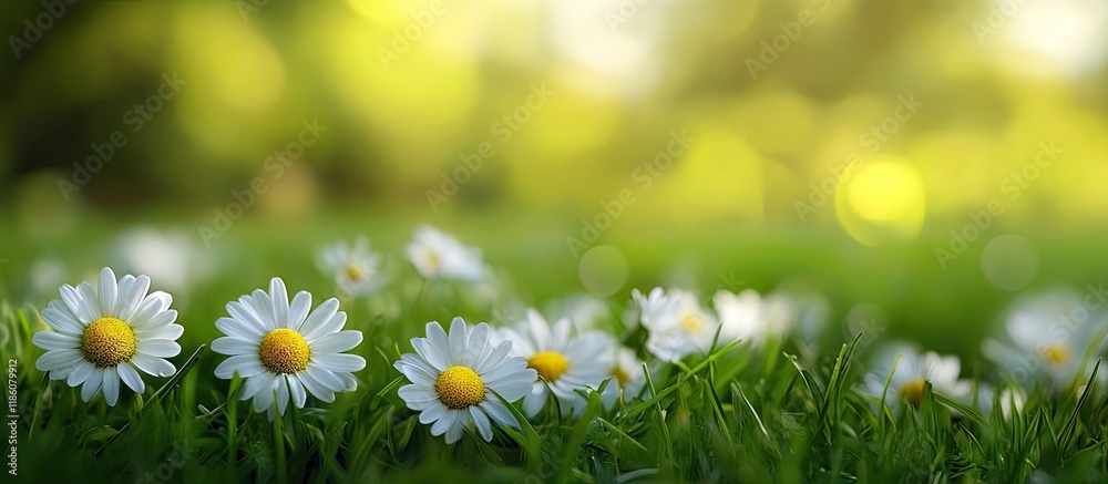 Leinwandbilder daisy flowers in the grass with a green shallow depth of field lovely daisy flowers in their natural