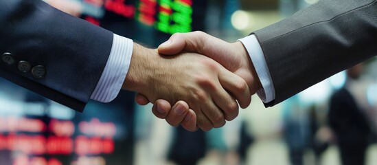 Men shaking hands in front of stocks and shares. with copy space image. Place for adding text or design