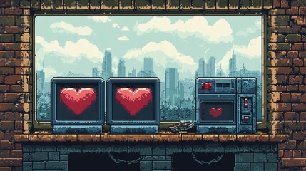 Vintage gaming life system, pixelated red hearts, 8-bit health display, arcade style interface elements, classic pixel art icons, retro game UI, chunky digital indicators, bright red life points,