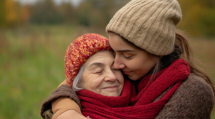 Heartwarming image of an elderly woman embracing her daughter in a serene park, both smiling with joy and closed eyes, radiating love and happiness amidst lush greenery.