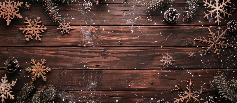 Aufkleber Brown wooden Christmas background with snowflakes and space. with copy space image. Place for adding text or design