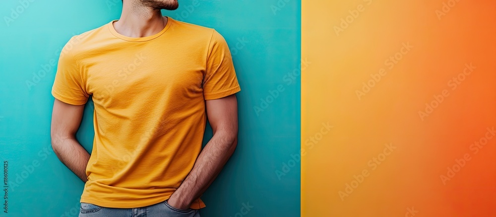 Aufkleber Man wearing a fashionable t shirt against a colorful background. with copy space image. Place for adding text or design