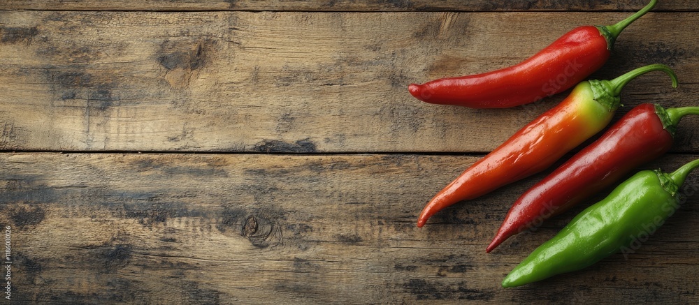 Poster Pepperoncini peppers on a rustic wooden backdrop. with copy space image. Place for adding text or design