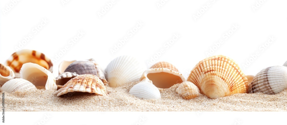 Poster sea shells beach sand featuring sea shells ocean beach panorama summer theme for a travel agency or 