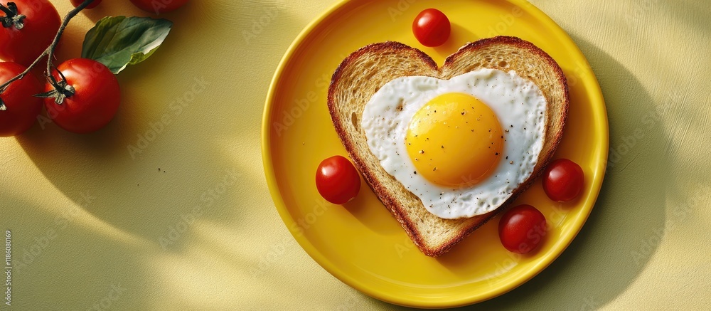 Fototapete Heart shaped fried egg toast cherry tomatoes on a yellow plate. with copy space image. Place for adding text or design