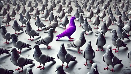 Fototapeta premium A purple pigeon alone among a crowd of grey pigeons, concept of standing out from the crowd as a leader, of being different and unique with its own identity and special skills among the others