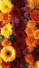 Fototapeta premium Vibrant Autumnal Floral Background, Textured Arrangement of Roses and Gerbera Daisies
