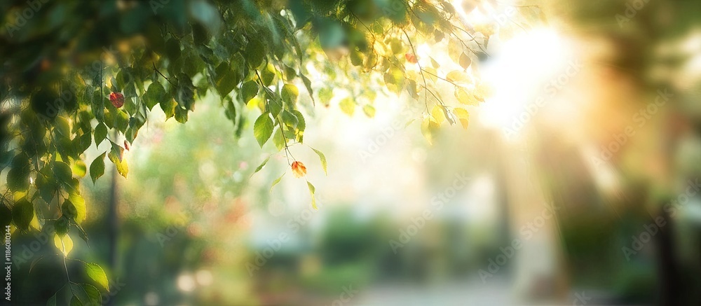 Poster blurred image of sunlight filtering through the leaves of trees in the yard. with copy space image. 