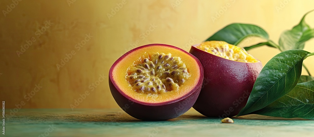 Aufkleber maracuja passionfruit halved still life perspective. with copy space image. place for adding text or