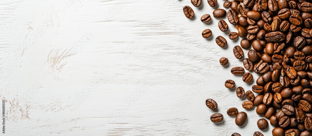 Leinwandbilder Coffee beans framing the background Close up of roasted coffee beans on a white wood texture backdrop. with copy space image. Place for adding text or design