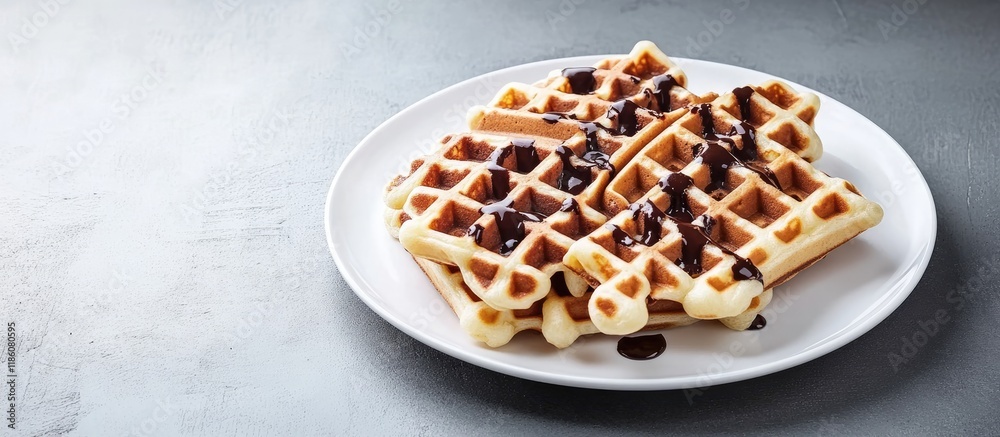 Leinwandbilder belgian waffles on a white plate waffles topped with chocolate a large plate is filled with waffles 