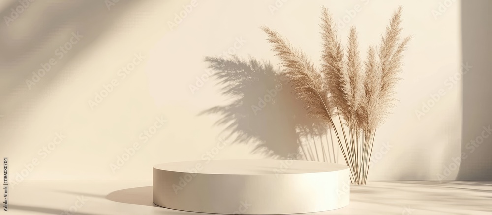 Poster Podium for presenting cosmetic products Abstract minimal geometric shape Cylinder podium featuring dry pampas grass and a soft shadow Setting for product display Showcase display case Flat lay top v