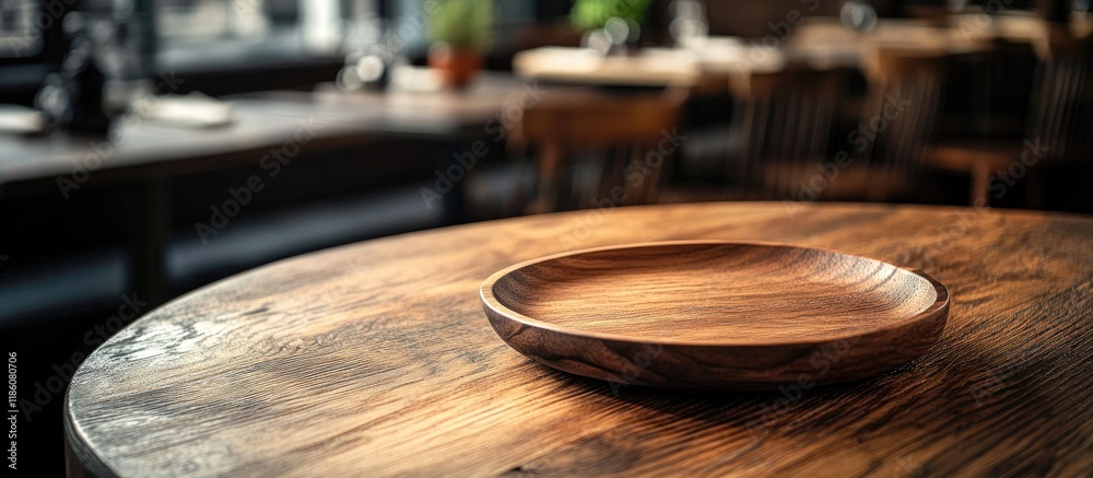Poster empty wooden plate on a wooden table in a restaurant copyspace for indicating a reserved status high