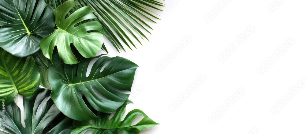 Poster Top view of a branch of tropical palm leaves and a swiss cheese plant set against a white background with copy space