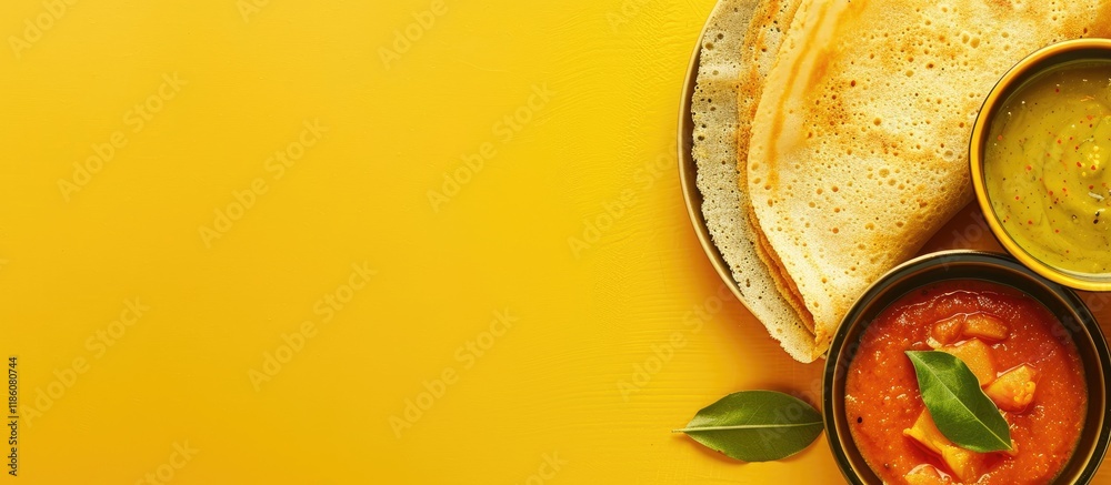 Poster Close up of Masala Dosa accompanied by Sambhar and Coconut Chutney set against a yellow background with copyspace