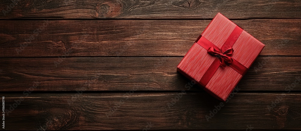 Aufkleber red gift box on wooden tabletop. with copy space image. place for adding text or design