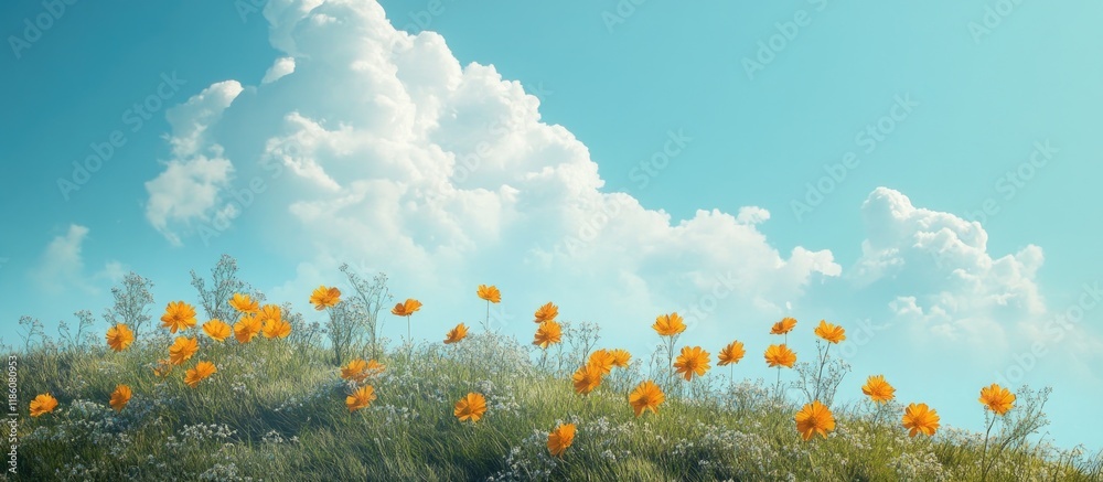 Sticker yellow flowers on a hill beneath a blue cloudy sky. with copy space image. place for adding text or 