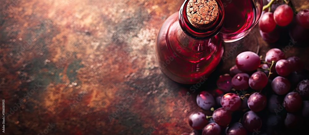 Aufkleber top view of a red wine bottle macro selective focus on the cork a wine bottle glass and grapes on a 