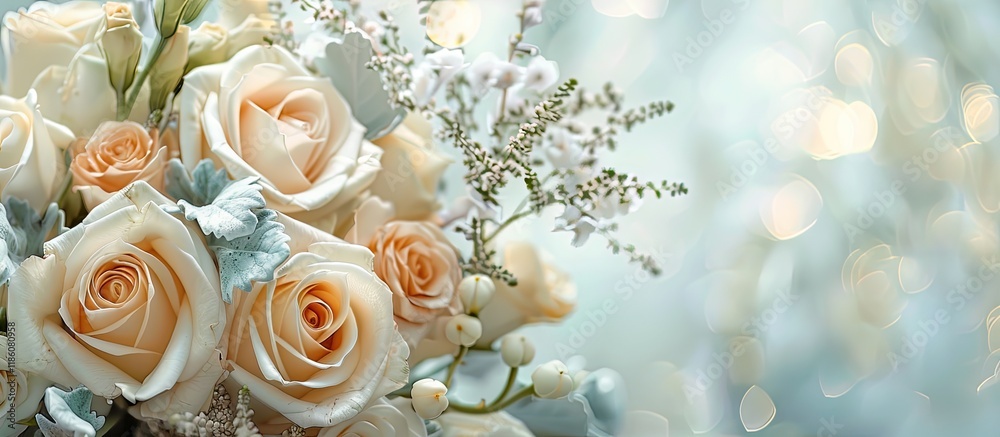 Poster elegant wedding bouquet featuring various flowers including roses. with copy space image. place for 