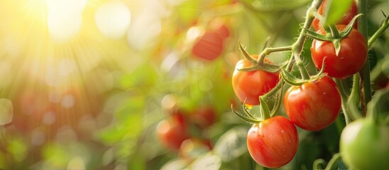 Ripe natural tomatoes developing on a branch inside a greenhouse Copy space