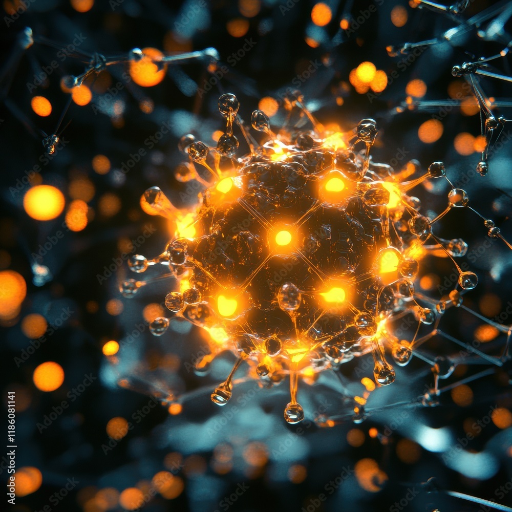 Poster detailed 3d visualization of virus structure highlighting capsid, spikes, and glowing rna strands in