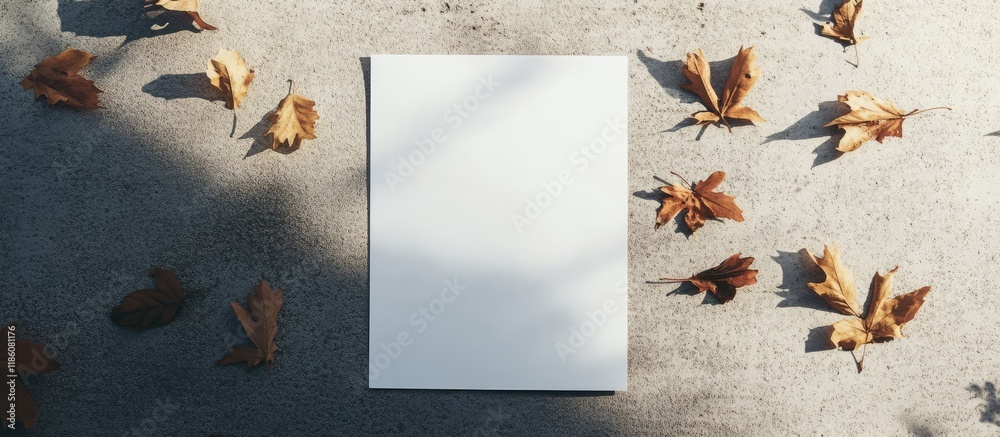 Poster A4 white paper set on the cement floor with leaves falling on it. with copy space image. Place for adding text or design
