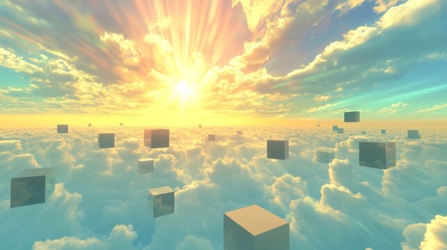 A geometric landscape of cubes in varying heights creating rolling hills and valleys, rendered in pastel colors with subtle gradients. Floating cubic clouds hover above, casting soft voxelated