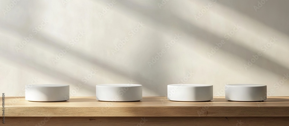 Aufkleber props for product photography white pedestals on a wooden table. with copy space image. place for ad